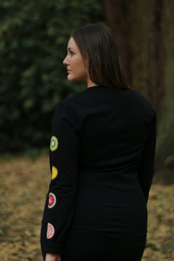 Eco Threads Black Fruit Tshirt - Eco Threads Logo on Front, Fruit Pieces on Arms - Eco Threads Sustainable Organic Plastic Bottle Clothing